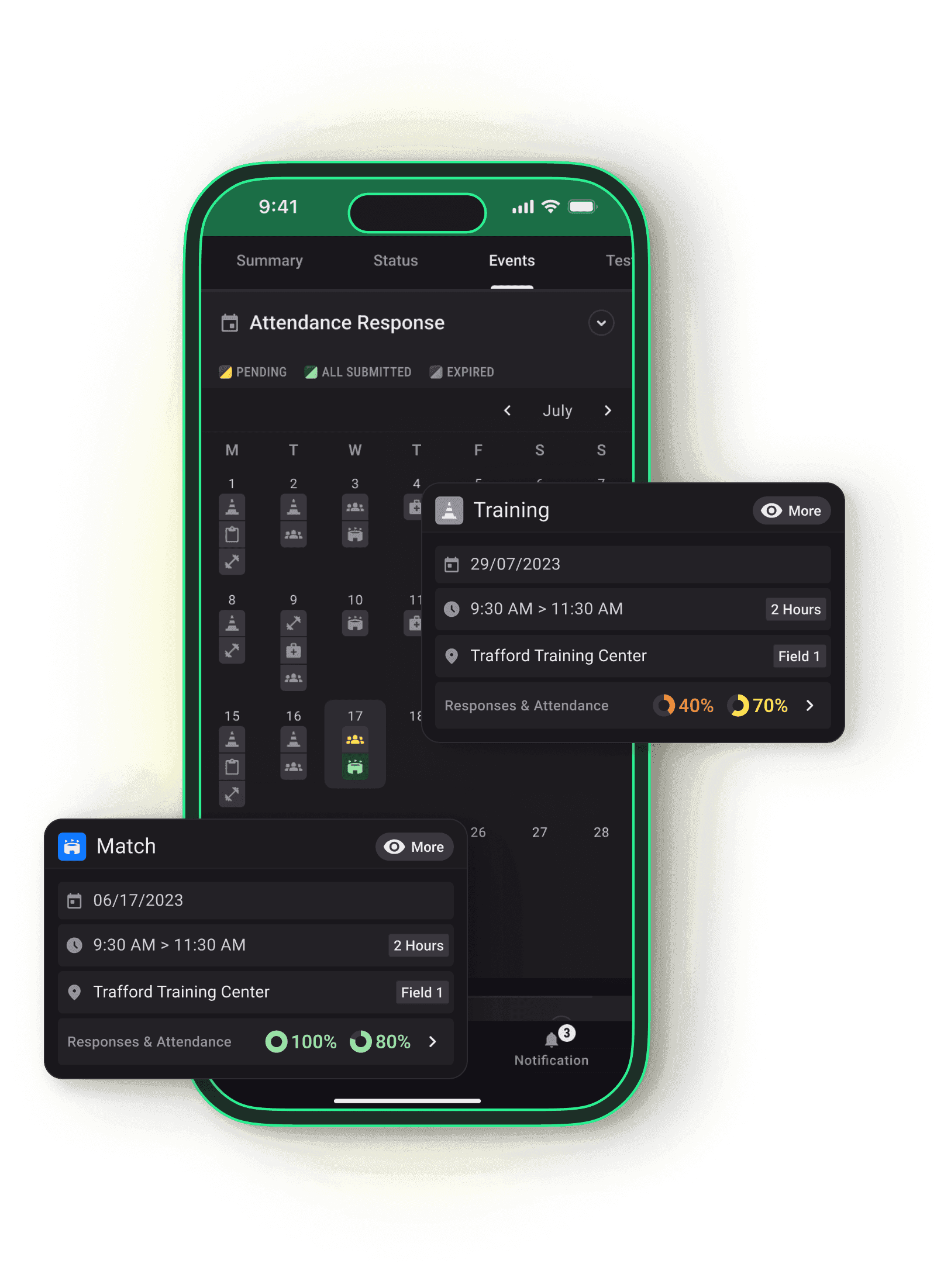 Attendance Response calendar with training and match details