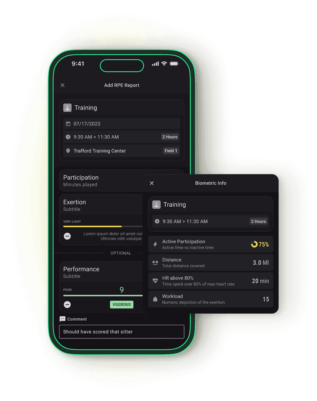 Add RPE Report screen with biometric info overlay